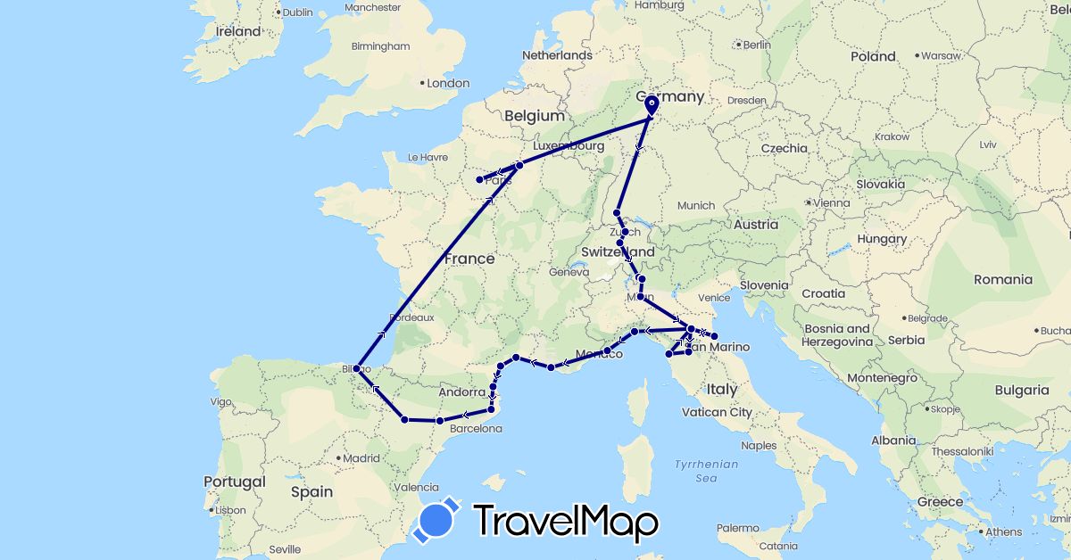 TravelMap itinerary: driving in Switzerland, Germany, Spain, France, Italy (Europe)